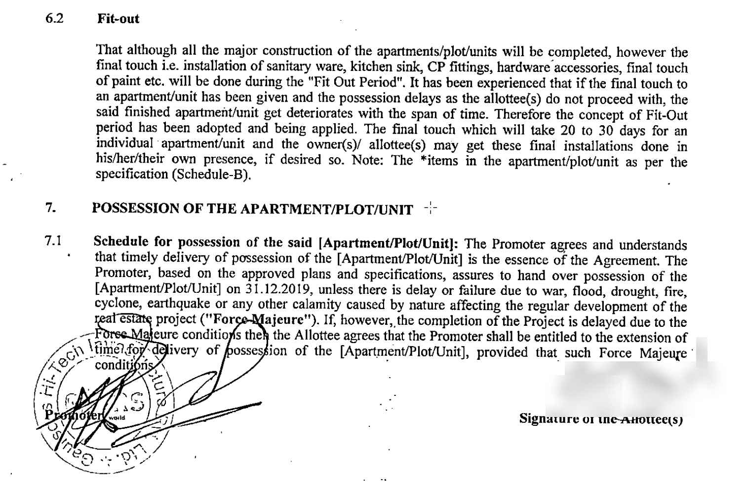 Builder Buyer Agreement showing possession date for Gaur City 7th Avenue