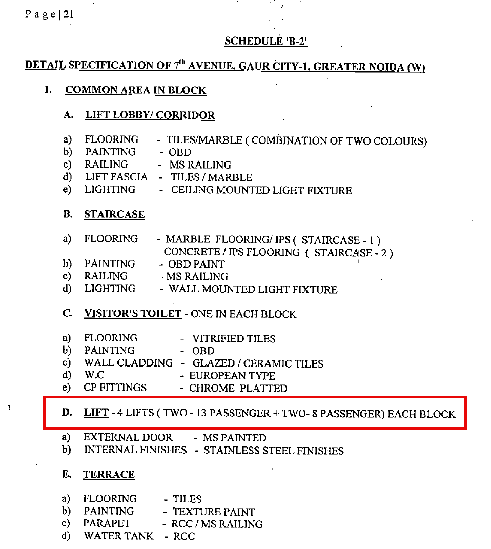 Agreement page mentioning four lifts in H Tower