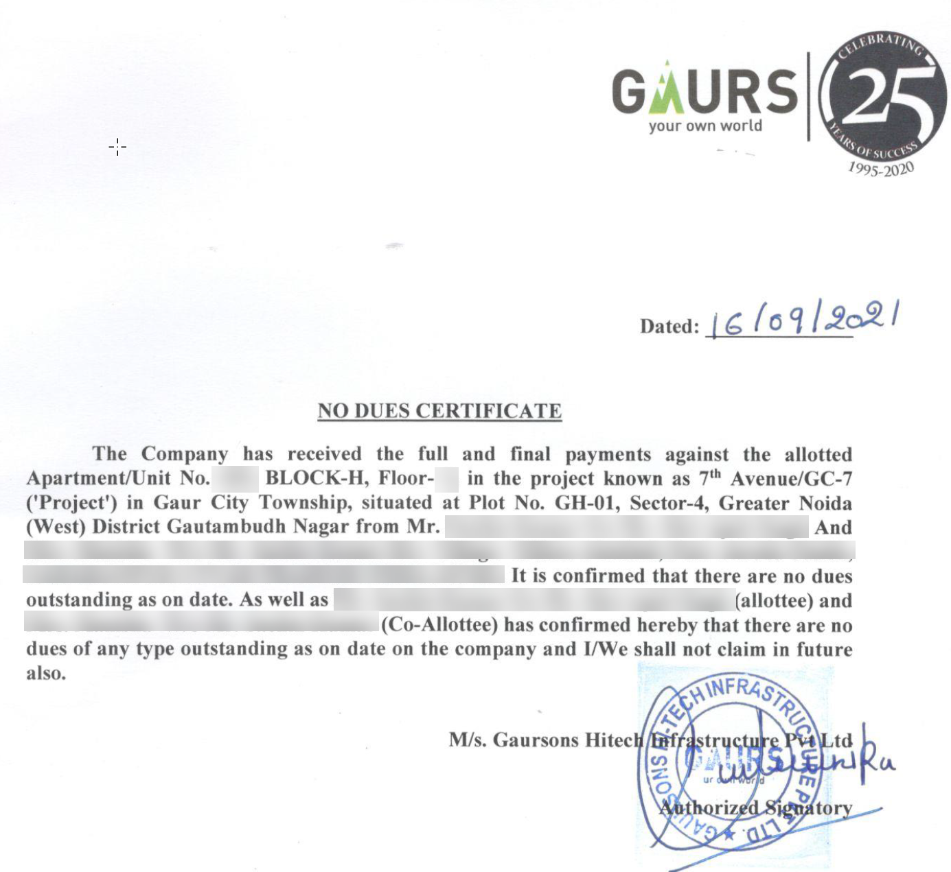 No Dues Certificate issued after full payment