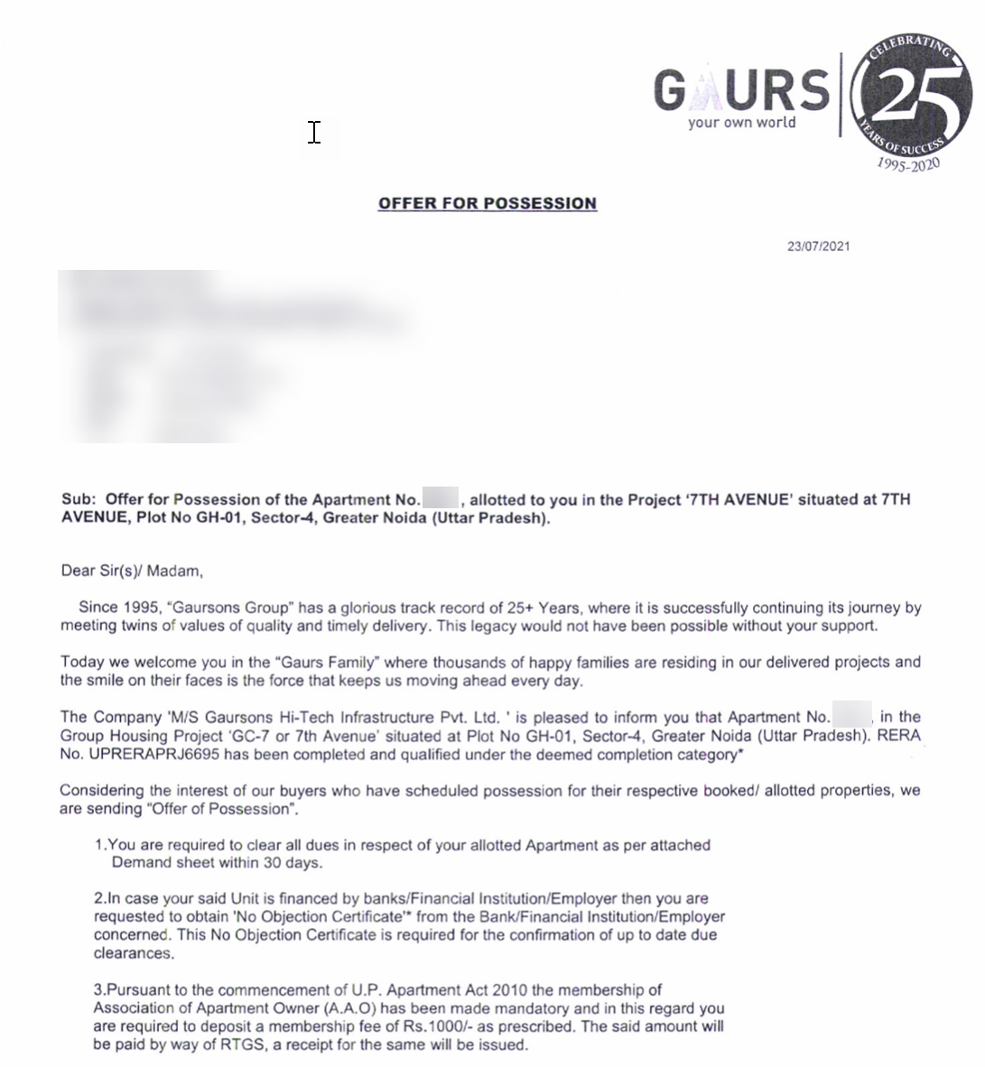 Possession offer and final demand letter issued for 7th Avenue