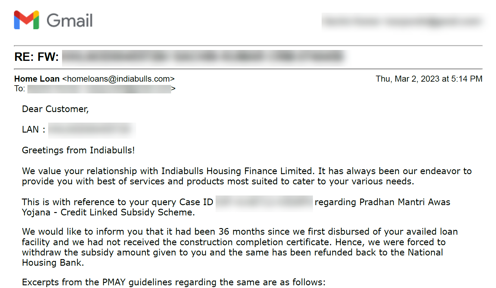 PMAY subsidy withdrawal communication from lender